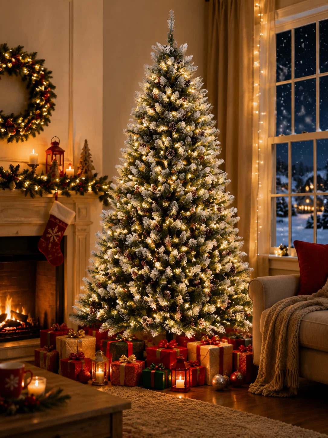 A flocked artificial Christmas tree decorated with warm white LED lights in a cozy indoor setting.