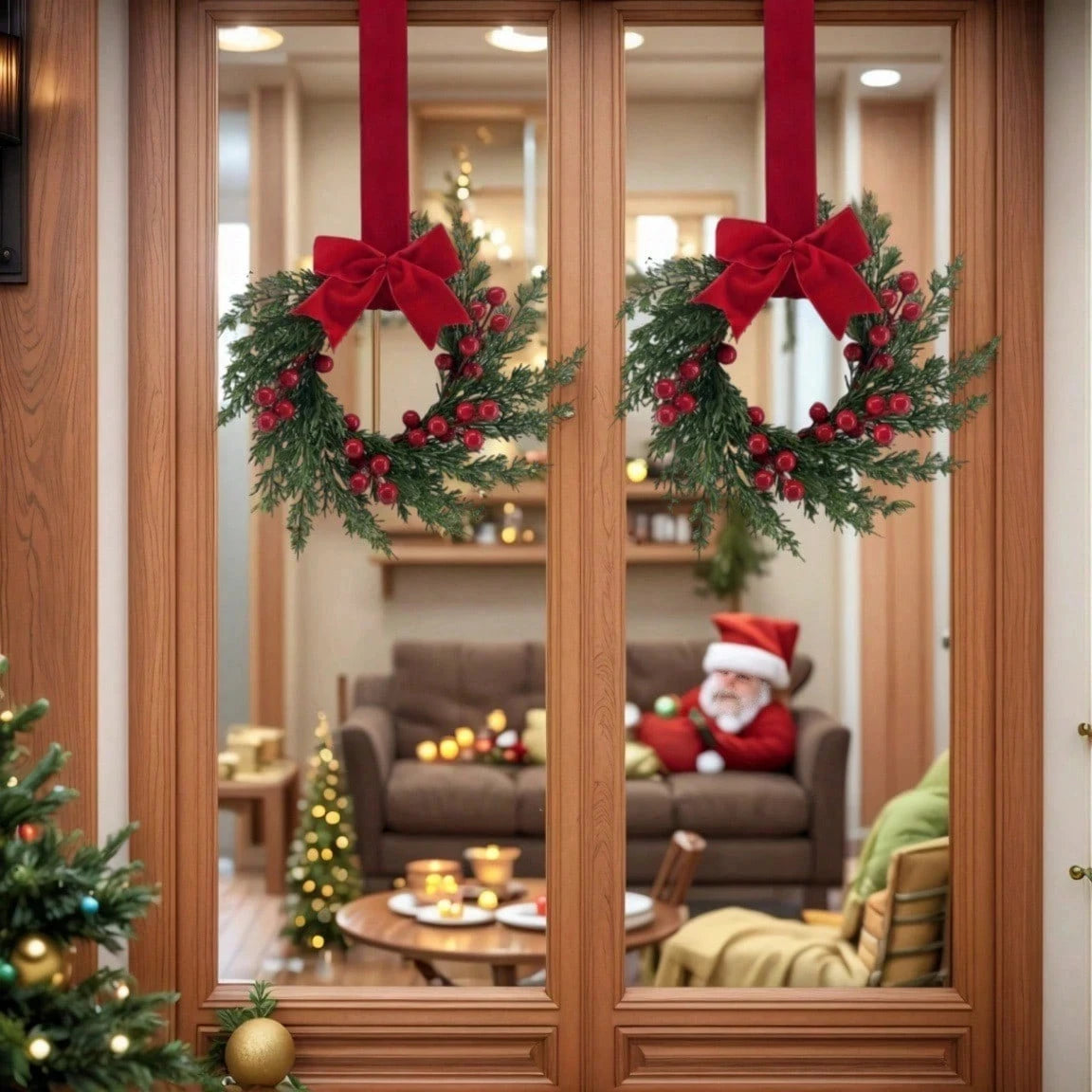 A pair of festive Christmas wreaths with red ribbon hanging in a wooden door frame.