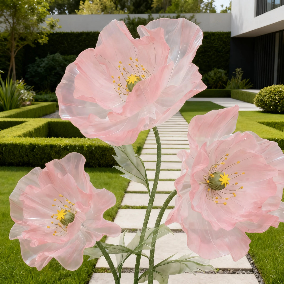 Large artificial silk pink poppy flower with green stem and leaves