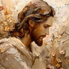 Peinture à l'huile de Jésus aux longs cheveux et barbe dans une palette douce et terreuse.