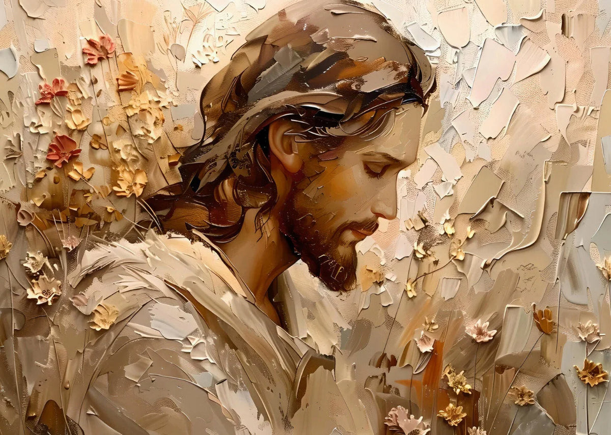 Peinture à l'huile de Jésus aux longs cheveux et barbe dans une palette douce et terreuse.