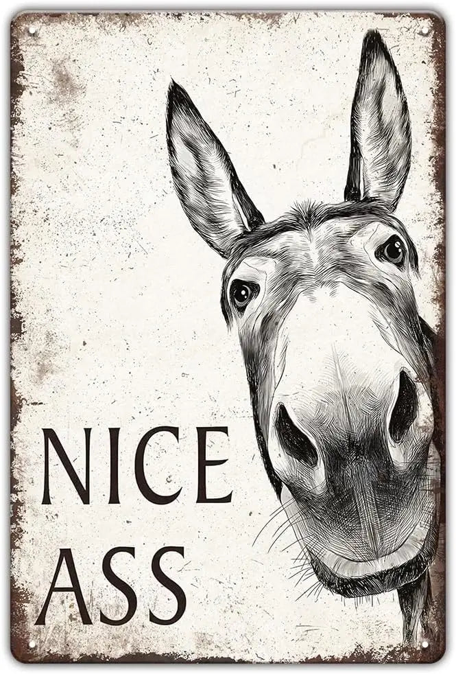 A vintage farmhouse bathroom sign featuring a humorous drawing of a donkey's face.