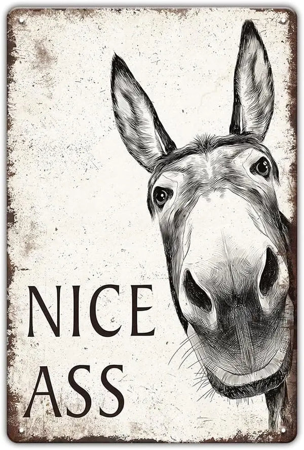 A vintage farmhouse bathroom sign featuring a humorous drawing of a donkey's face.