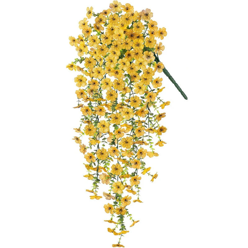 A vertical arrangement of yellow artificial morning glory flowers with a green stem.