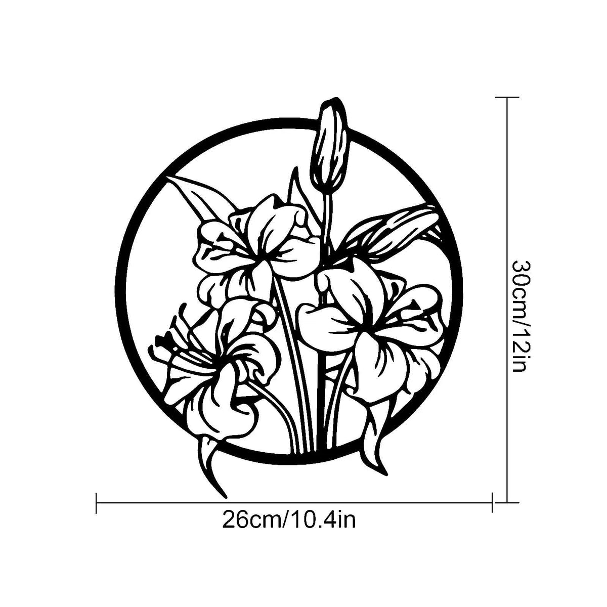 A black line drawing of a three-piece metal flower wall art set featuring elegant, detailed flowers.