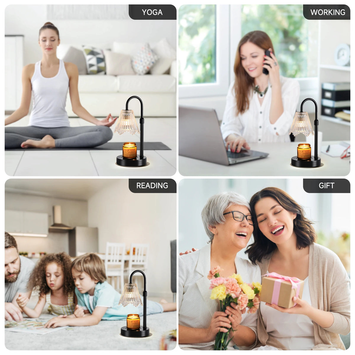 A collection of four images showing a dimmable candle warmer lamp used in various contexts: yoga, working on a laptop, readin