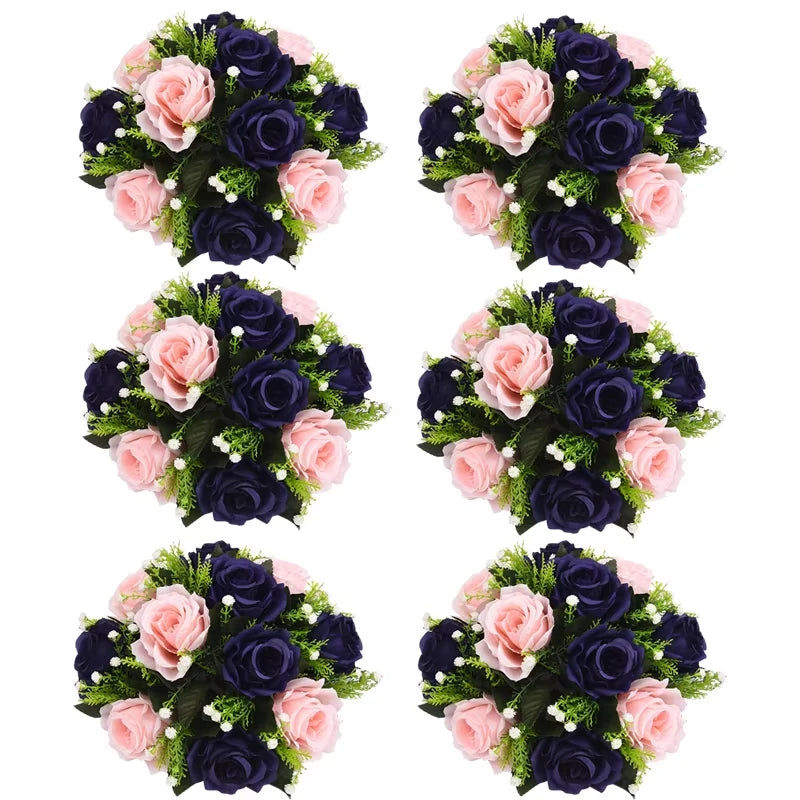 A set of six bouquets featuring deep purple and soft pink silk artificial roses and greenery.