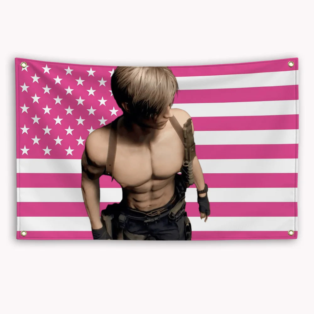 A muscular man in a tank top and jeans stands against a pink and white striped American flag banner.