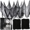 Black Halloween gauze netting cloth for spooky party décor shown in various draped and flat forms