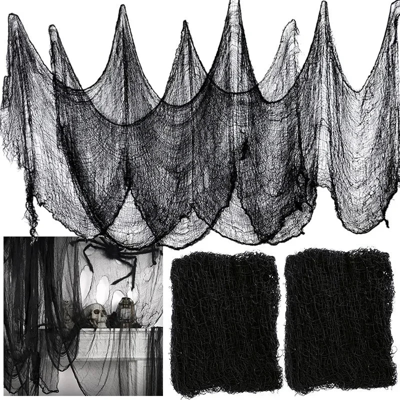 Black Halloween gauze netting cloth for spooky party décor shown in various draped and flat forms