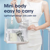 A woman holds a clear pouch containing an adjustable mini handheld cooling fan.