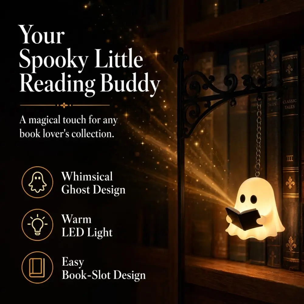 A spooky little reading buddy lantern lamp with a ghost design illuminating a book-slot shelf.
