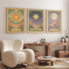 Frameless celestial wall art set featuring canvas prints of the sun, star, and moon in gold frames