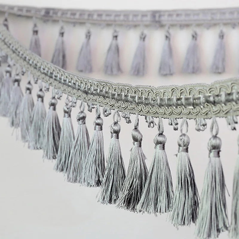 Decorative tassel fringe trim in gray and silver for curtains and DIY projects