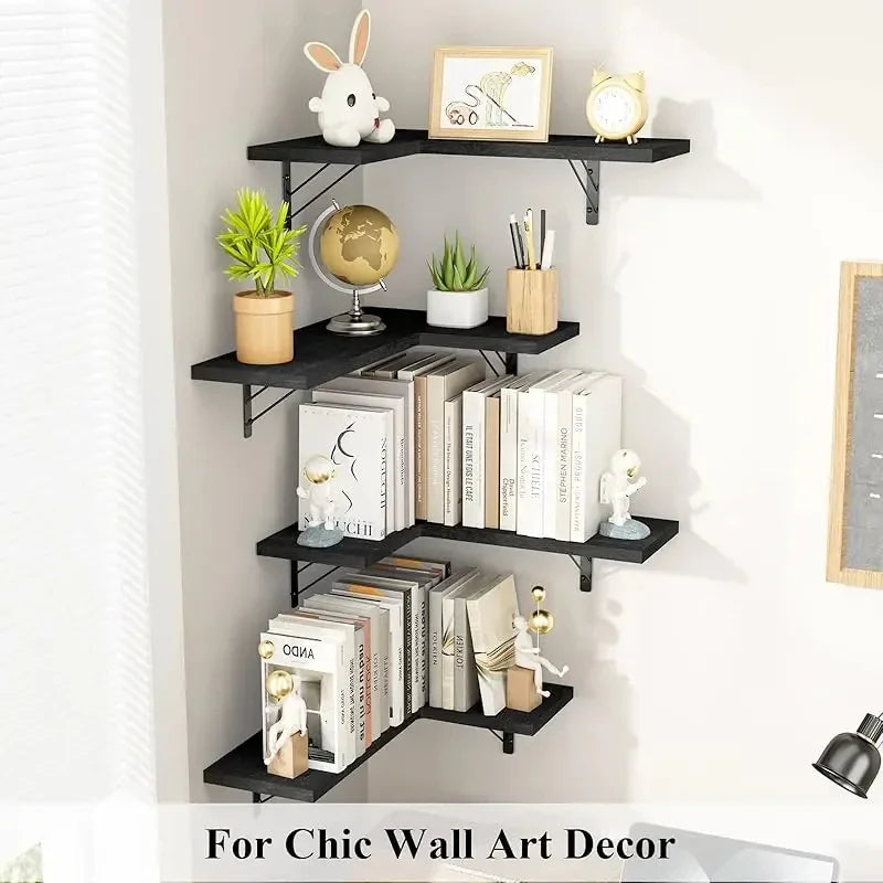 Black corner-mounted wood floating shelves displaying various decorative items like clocks plants and books