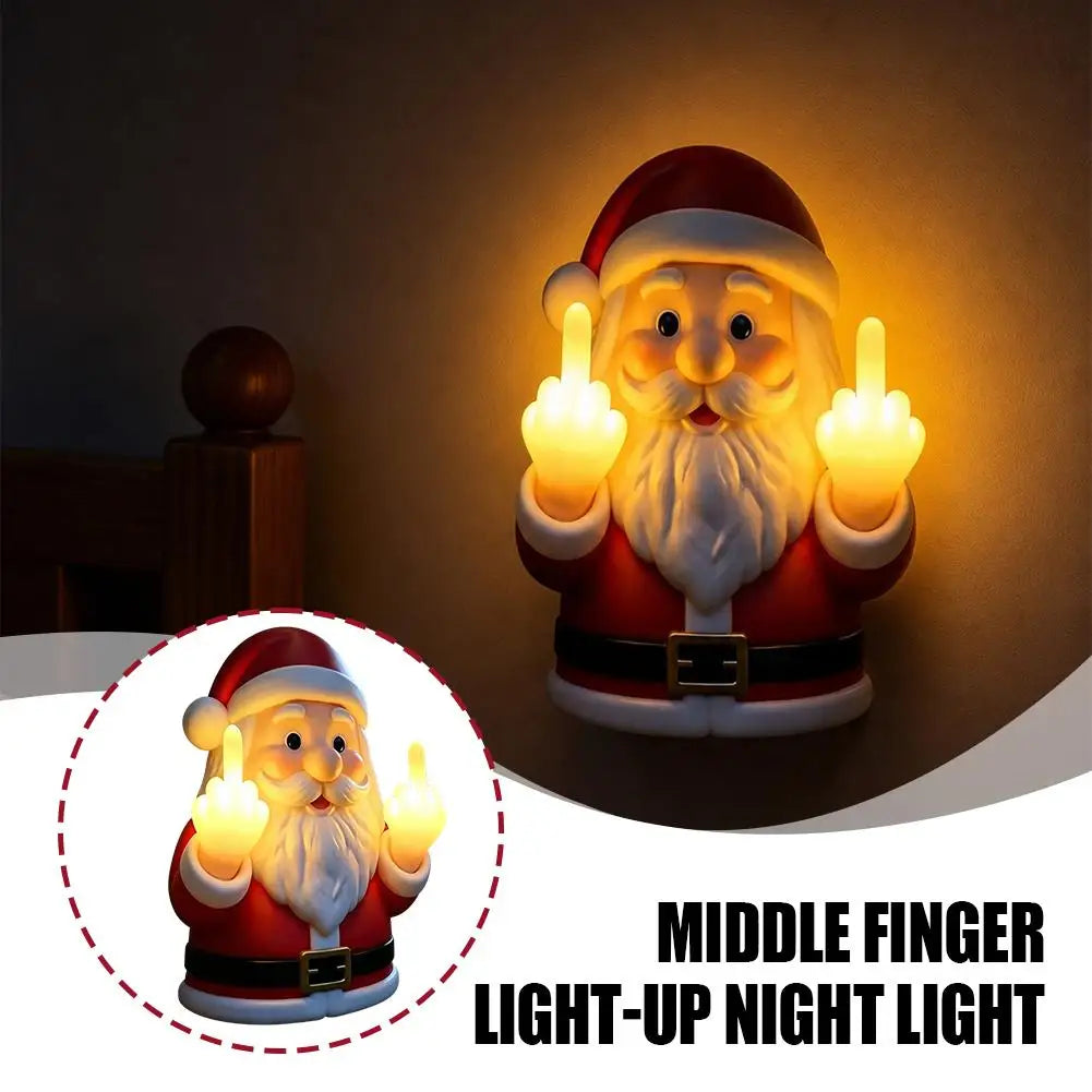 A glowing Santa Claus figure with a beard making a middle finger gesture, used as a light-up night light for Christmas decor.