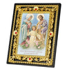 A framed Catholic Holy Family icon featuring Jesus, Mary, and Joseph with an Archangel St. Michael, set in a gold-edged black