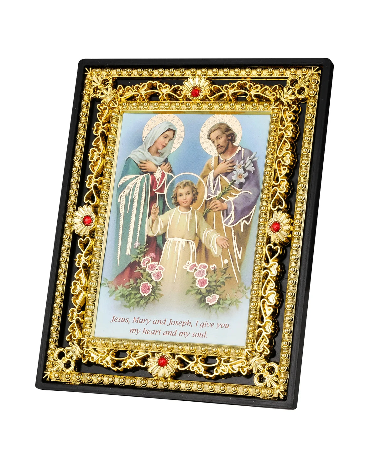 A framed Catholic Holy Family icon featuring Jesus, Mary, and Joseph with an Archangel St. Michael, set in a gold-edged black
