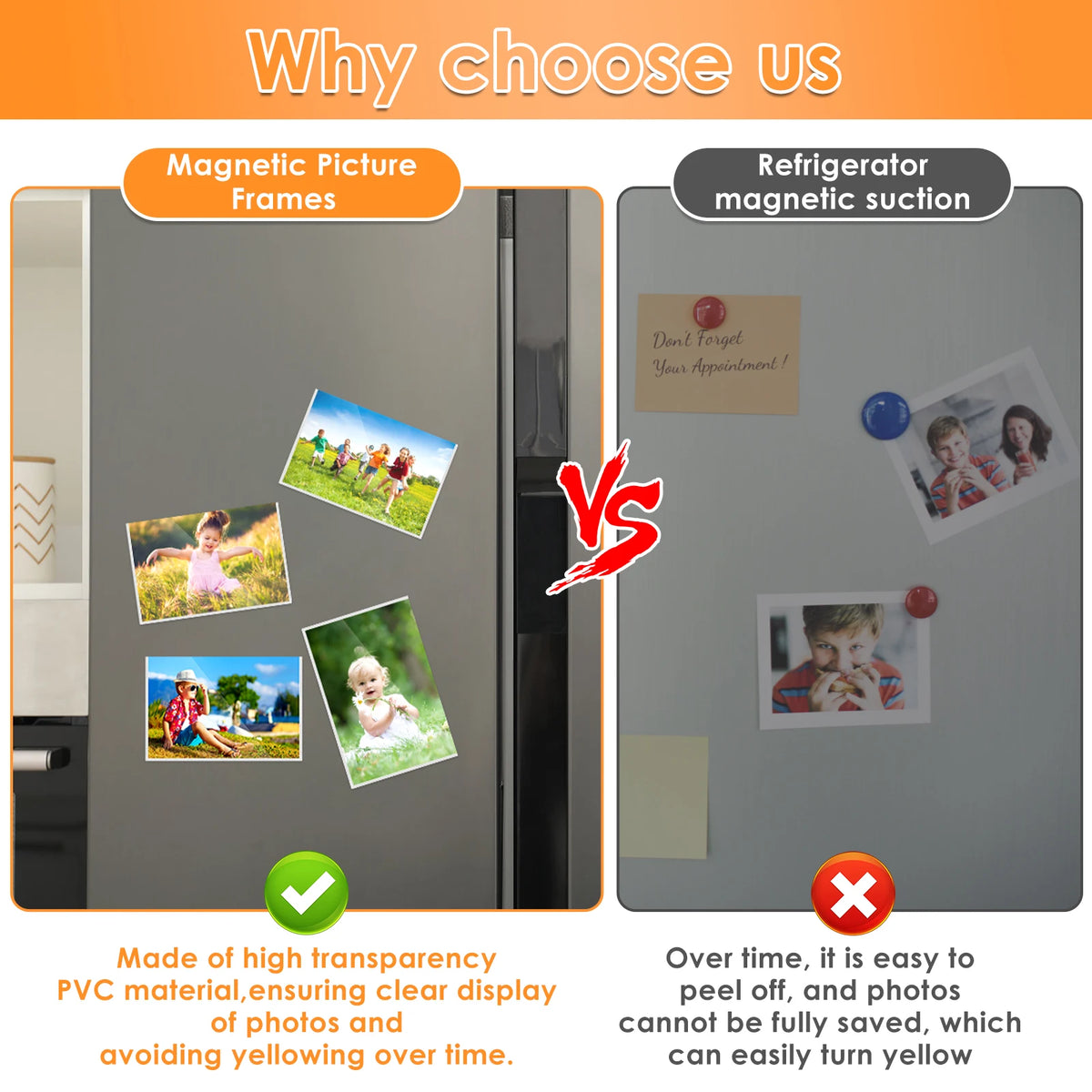 Comparison showing magnetic picture frames for fridge suction versus the benefits of high transparency PVC material.