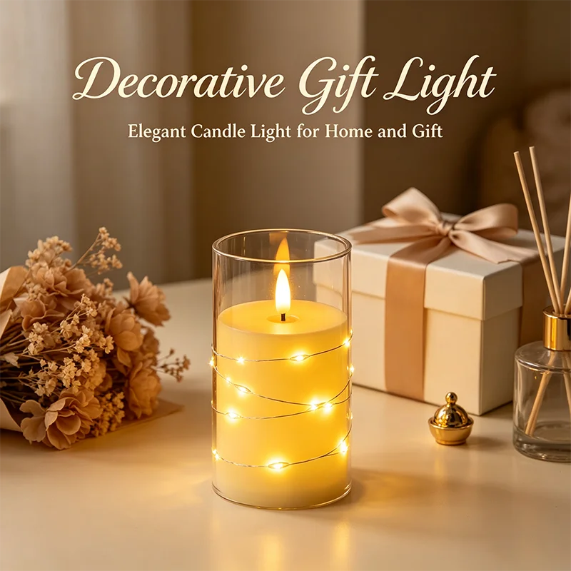 Decorative gift light featuring a glass candle with glowing LED string lights on a table.
