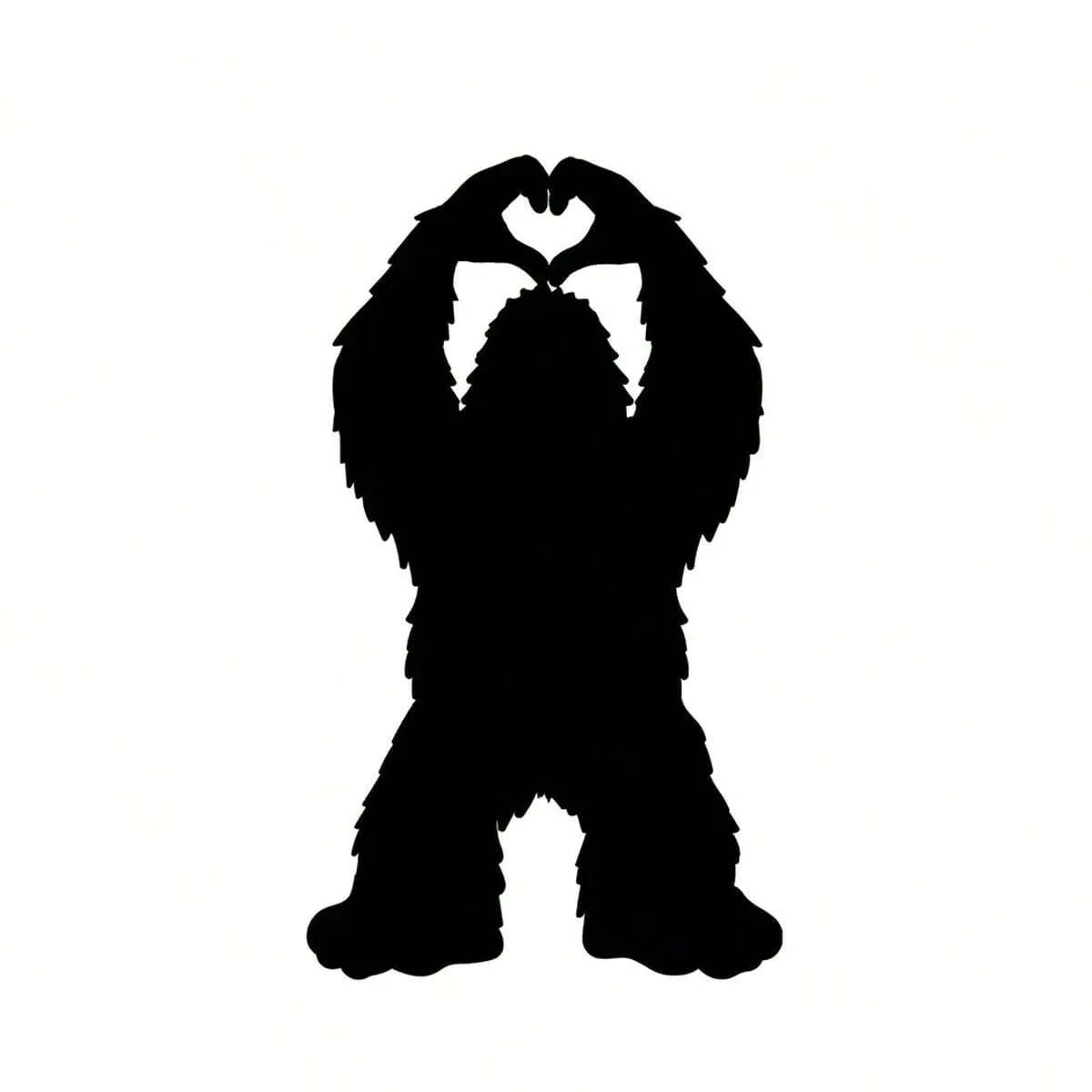 Black silhouette of a Bigfoot hand making a heart shape.