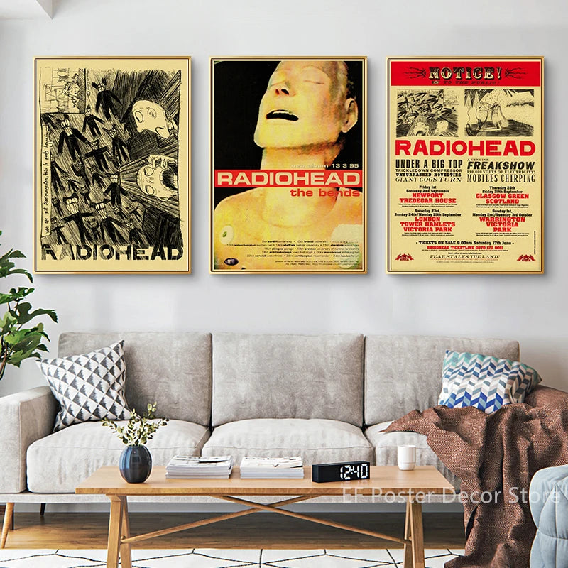 A set of three posters featuring the Radiohead band artwork and related text