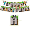 A banner made of Minecraft-themed pixel art letters spelling out HAPPY BIRTHDAY