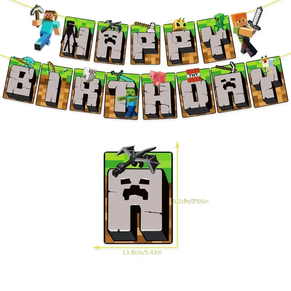 A banner made of Minecraft-themed pixel art letters spelling out HAPPY BIRTHDAY