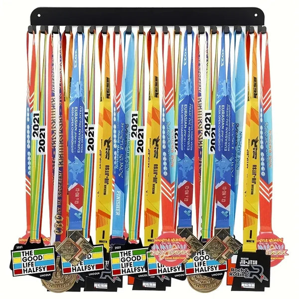 A black display rack with 20 hooks for hanging marathon medals, featuring various colored ribbons and medals.