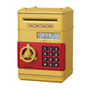 A yellow and red automatic mini cash saving piggy bank with numbered slots and a dial.