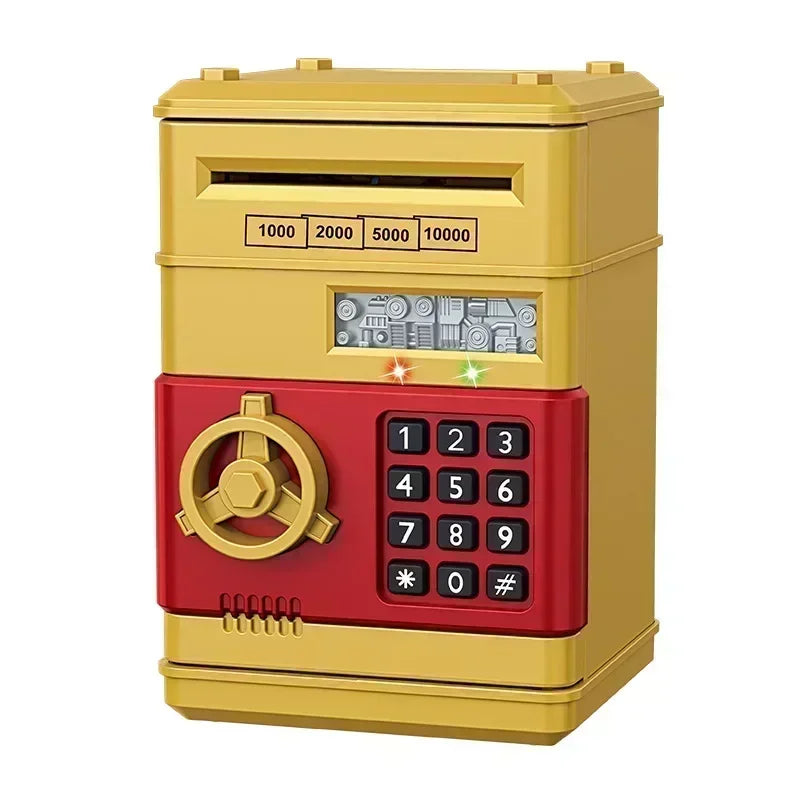 A yellow and red automatic mini cash saving piggy bank with numbered slots and a dial.