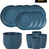 A set of 16 blue plastic plates and cups for picnics and everyday meals.