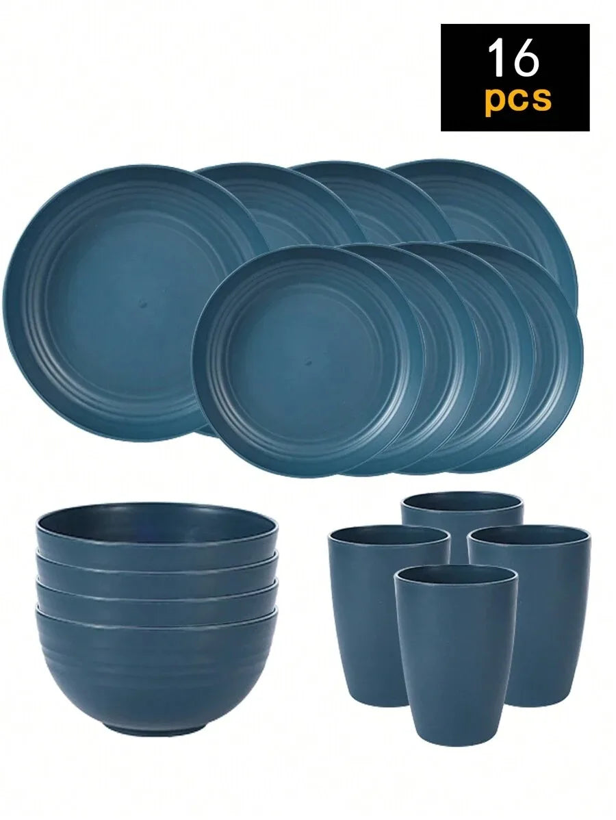 A set of 16 blue plastic plates and cups for picnics and everyday meals.