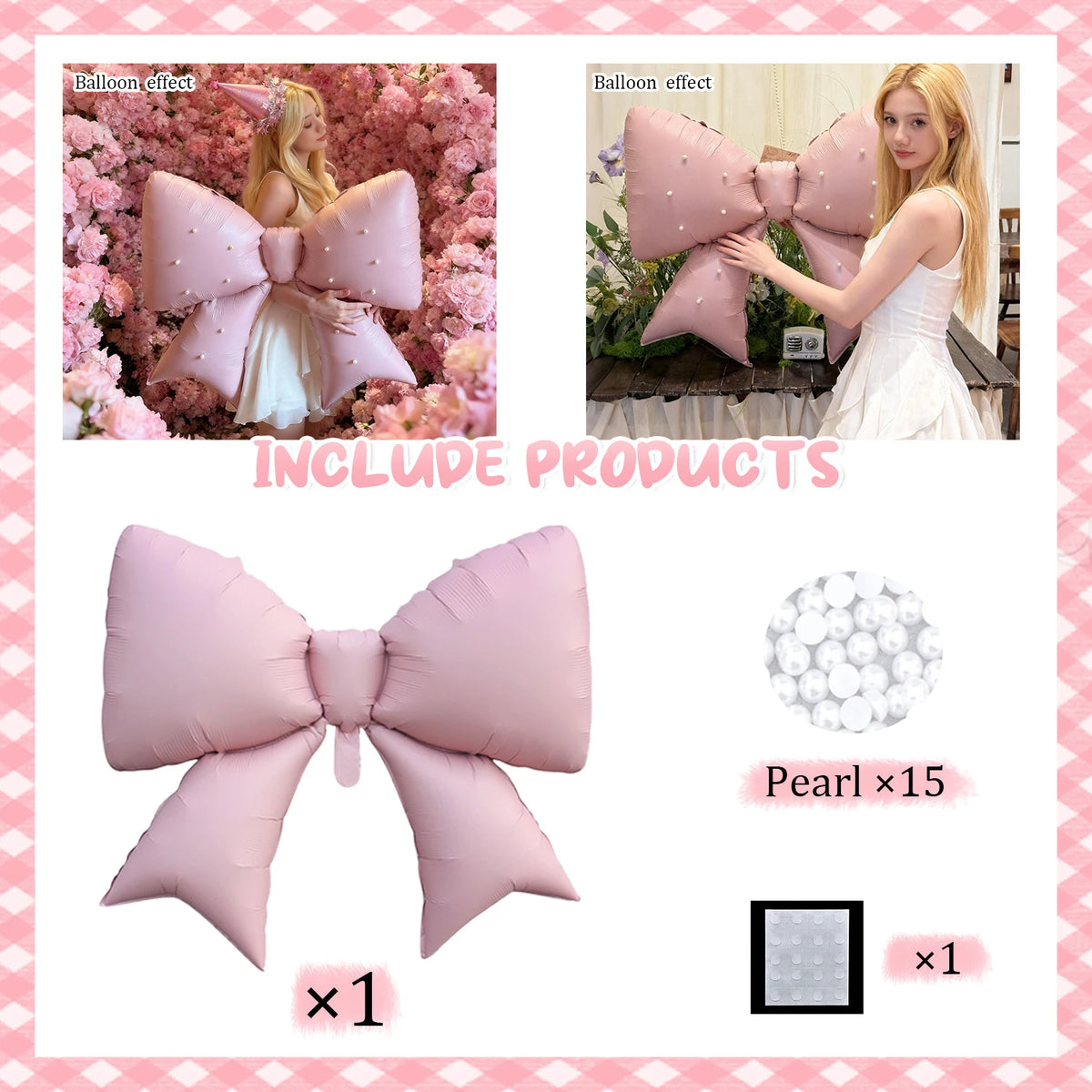 Pink decorative pearl bow balloon weight for party celebrations included with a square frame