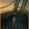 A movie poster for Tomb Cruise Oblivion featuring a dramatic, sepia-toned image of a large suspension bridge and a man.