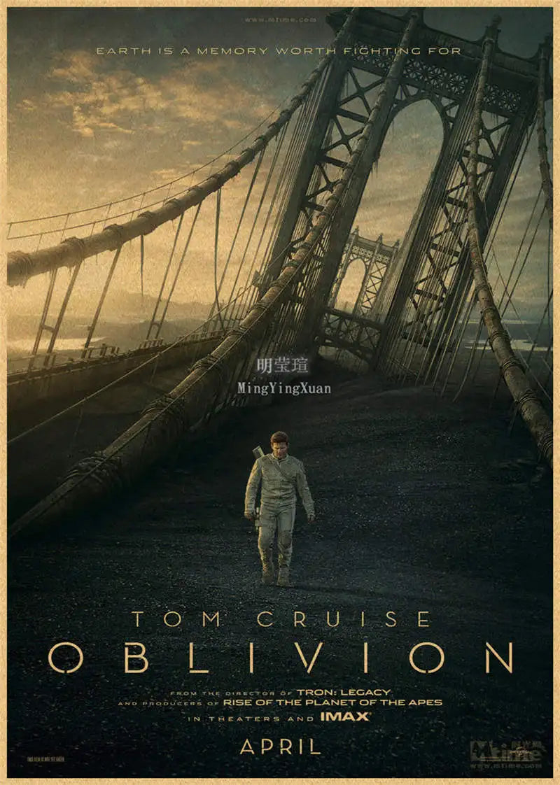 A movie poster for Tomb Cruise Oblivion featuring a dramatic, sepia-toned image of a large suspension bridge and a man.