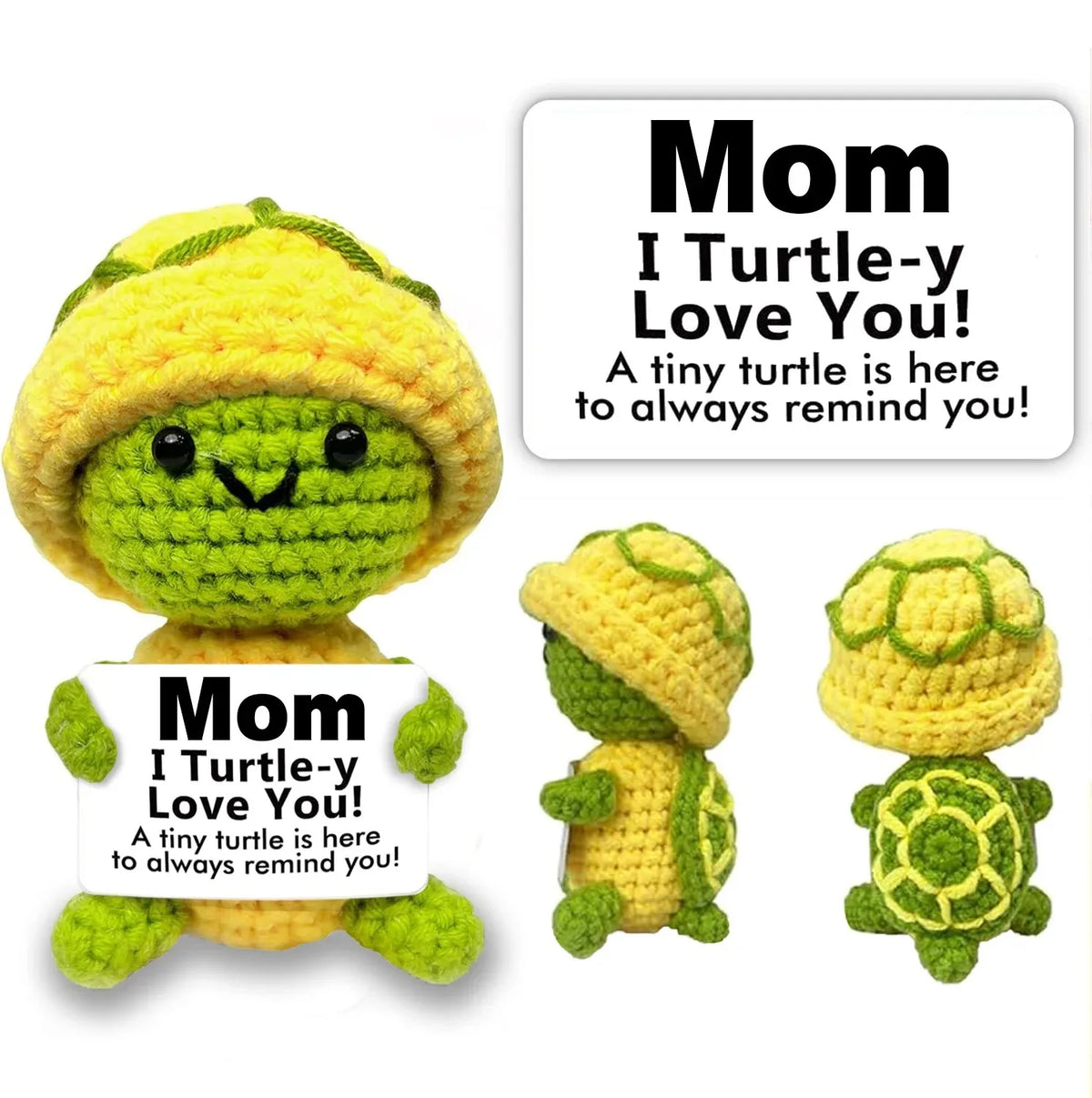 A handcrafted crochet turtle doll in yellow and green yarn, designed as a gift for mom.