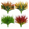 Four views of UV-resistant artificial tall grass and tropical flowers in various shades of green, red, and yellow.