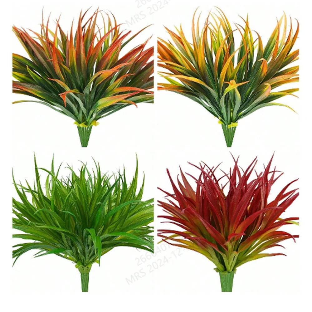 Four views of UV-resistant artificial tall grass and tropical flowers in various shades of green, red, and yellow.