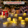 A collection of glowing white votive tea lights arranged on a fuzzy surface with Christmas decorations in the background.