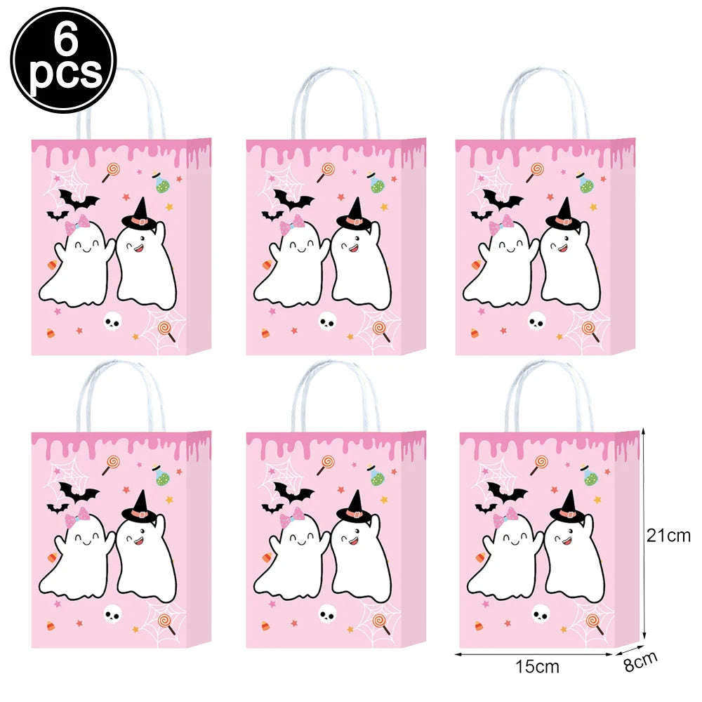A set of six pink ghost-themed Halloween party bags or pouches with white cat faces and pointy ears.