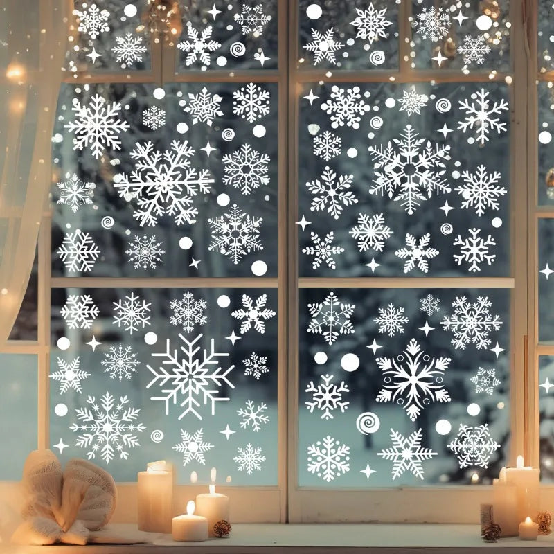 Snowflake window clings decorate a window with intricate white snowflake patterns for holiday decor