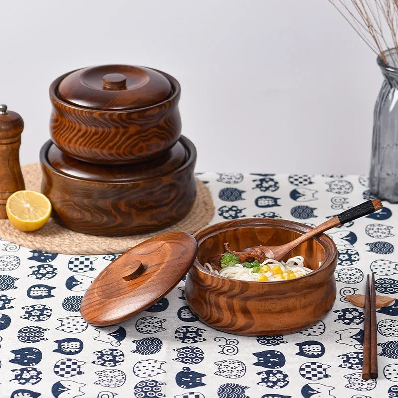Natural Solid Wood Serving Bowl with Lid