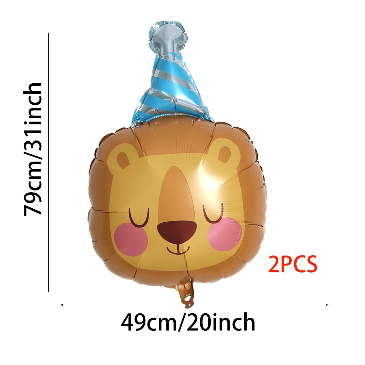 Two gold lion-themed foil balloons with blue striped necks and tails