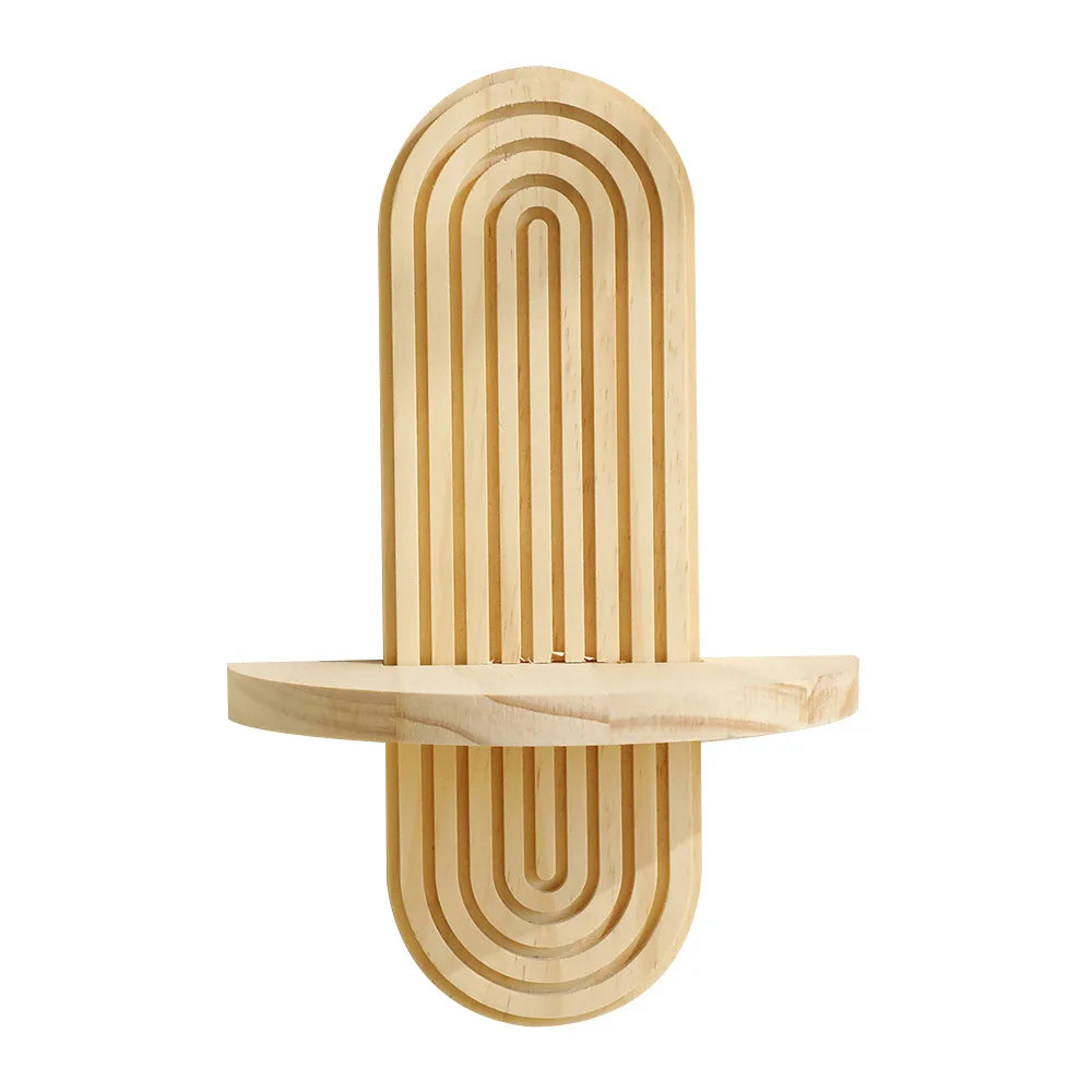Wooden arc wall shelf set featuring a rustic floating design with parallel curved lines.