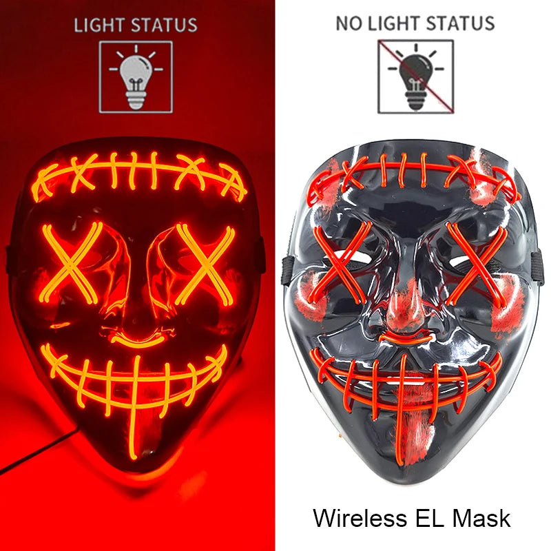 A close-up view of a black mask with neon wire details, showing both light status and no light status options.