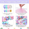 Instructions for making a balloon garland using inflated balloons and tape to create a mermaid themed arch