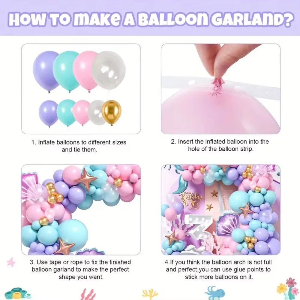 Instructions for making a balloon garland using inflated balloons and tape to create a mermaid themed arch