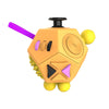 A yellow fidget cube with purple accents and a black top, designed as a sensory desk toy.
