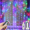 LED curtain string lights with remote control illuminating a purple door with colorful lights